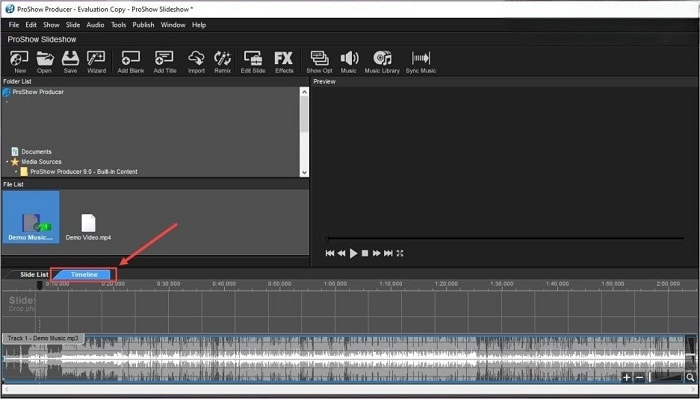 Bạn cần chuyển sang mục Time Line để tiến hành làm việc với file nhạc chúng ta cần xử lý