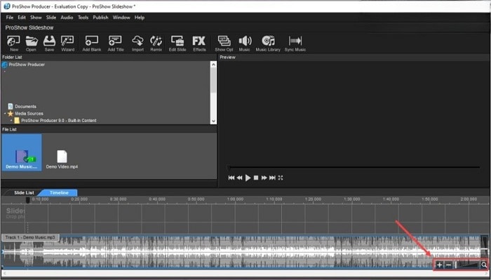 Nhấn vào dấu (-) hoặc kéo thanh Zoom để thu nhỏ thanh nhạc trong trường hợp file nhạc quá dài
